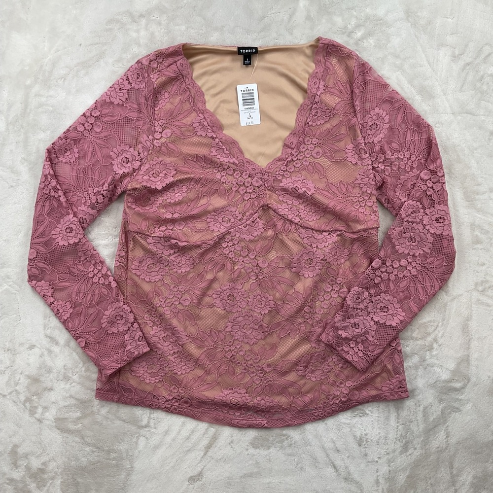 Torrid Pink Stretch Floral Lace V-Neck Long Sleeve Lined Top 1X 14-16 NEW